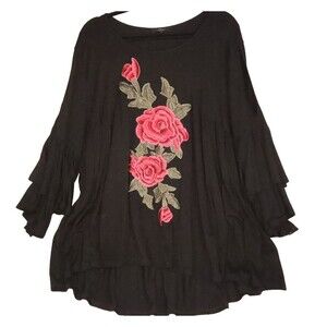 Embroidery Cold Shoulder Long Bell Sleeve Blouse Black w/Roses Women's Size 2X